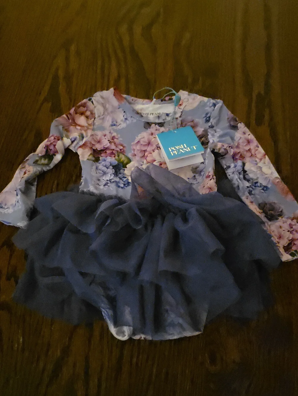 Posh Peanut Floral Lavender Bodysuit with Navy Tulle Skirt